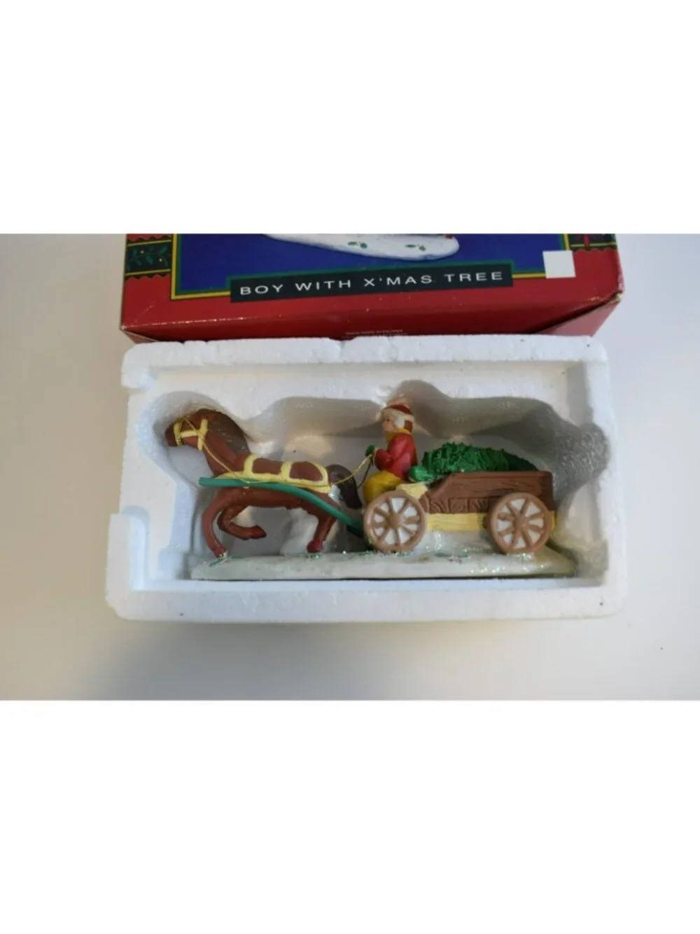 Christmas Traditions Porcelain Village Boy with X'mas Tree Horse Wagon 1993